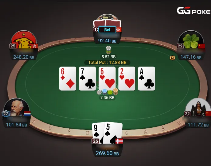 GG table on the river, board 6♦ 7♣ 5♥ 2♥ A♣: the cutoff bets 5.52 BB into 7.36 BB.